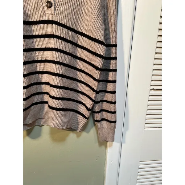 Cyrus Women's Sz Medium Sweater Oversized Collar Tan Black Stripes Henley Button - Image 6