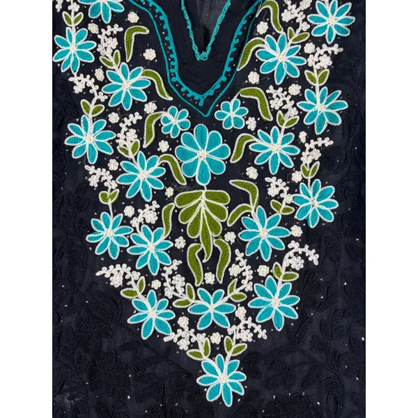Boho‎ Floral Hand Embroidered Kurta Tunic Top Black Turquoise Scallop Trim M/L - Image 3