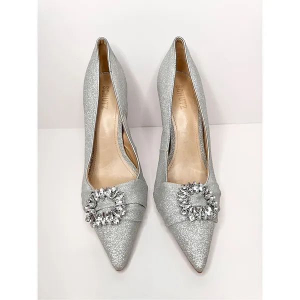 SCHUTZ Pumps‎ Womens Size 10 Embellished Silver Pointed Toe Heels - Image 5