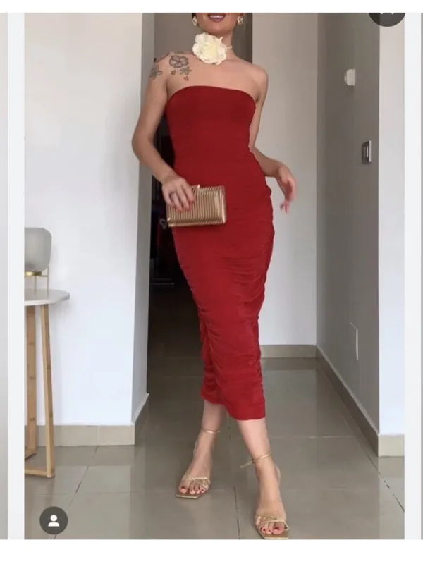 Zara Strapless Organza Dress Ruched Red L - Image 4