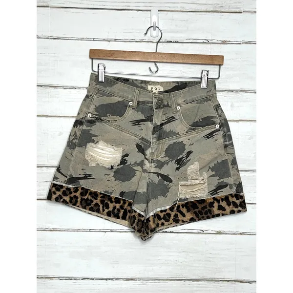 POL Camo Leopard Denim Shorts Size S Distressed Raw Hem Mixed Print Boho Shorts - Image 2