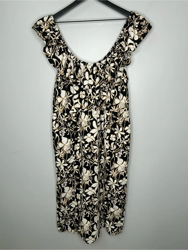 Ava & Viv Linen Blend Ruffle Top Black and Tan Floral Dress Size XXL - Image 3