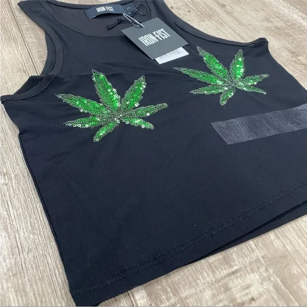 NEW! Iron Fist Sheer Black Mary Jane Green Sequins Cropped Tank Top Size MEDIUM - Image 5