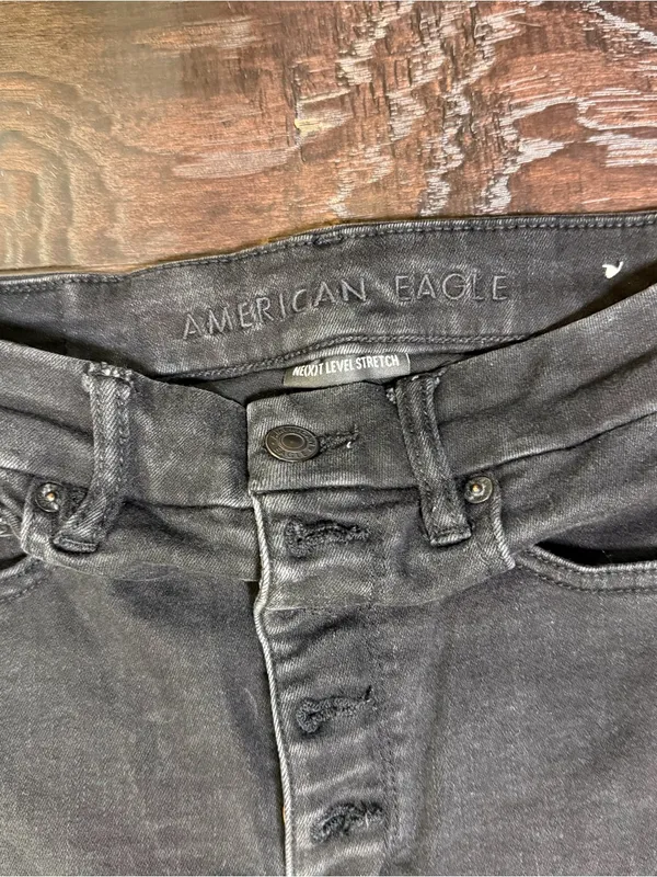 American Eagle High Rise Flare Jeans 6 Regular Black Stretch Button Fly - Image 3