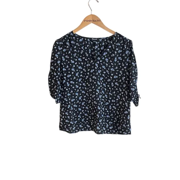 Madewell Silk Cinch-Sleeve Top in Baby's Breath True Black - Image 3
