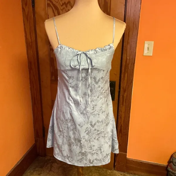 Cider Silver Satin Floral Mini Dress Lace Trim Slip Dress Spaghetti Strap - Image 7