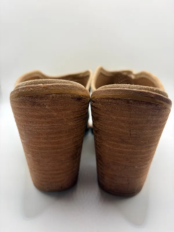 Anthropologie Blaire Suede Perforated Mules Size 10 Taupe Boho Western Block Heel - Image 7