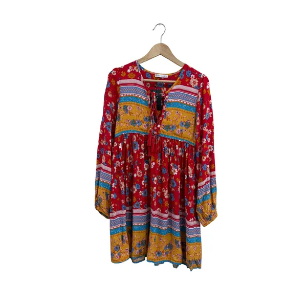 R.Vivimos Red Floral Boho Mini Dress Long Sleeve Tassel V-Neck Size S‎ 4/6 - Image 2