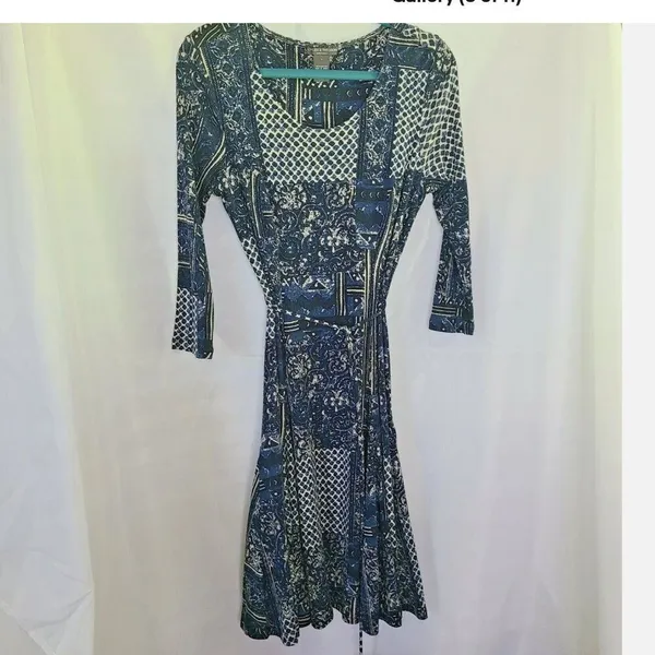 Chelsea and Theodore dress Small Blue White Fit Flare tie waist Cotton‎ - Image 5