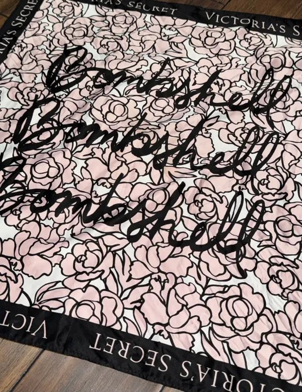 Victoria's Secret Pink and Black Floral Logo Bombshell Silk Scarf - Image 4