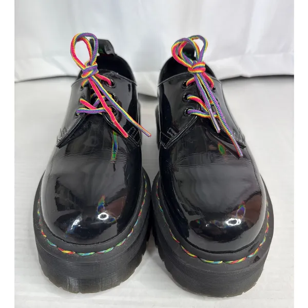 Dr. Martens 1461 Quad Rainbow Patent Platform Shoes black size 7 ladies 6 Men - Image 14