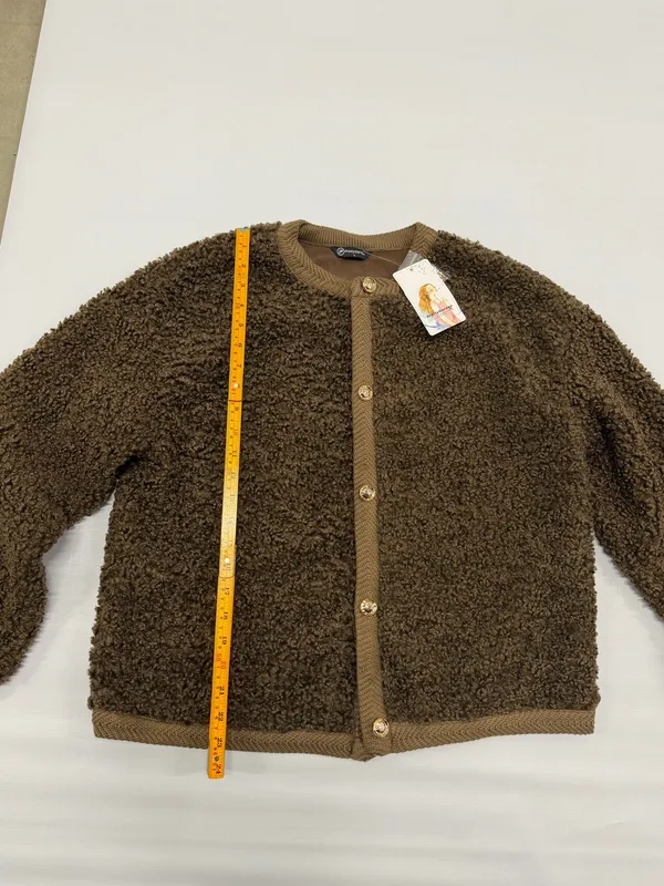 PrettyGarden Brown Sherpa Fleece Cardigan Gold Button Knit Trim Jacket Size L - Image 2