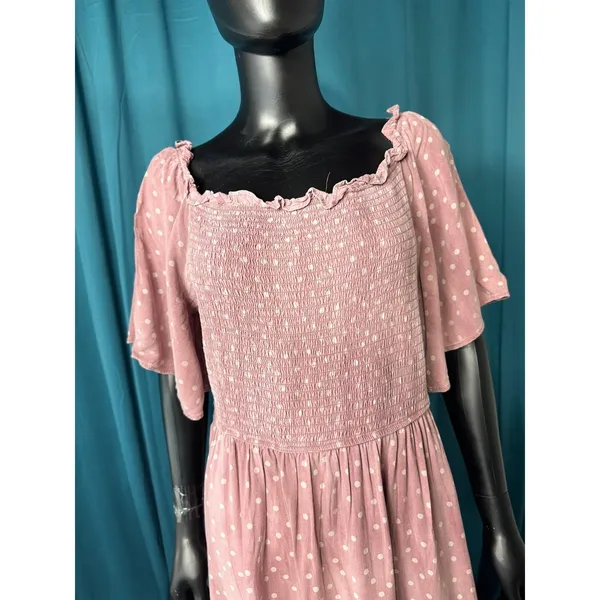 OPHELIA ROE Mauve Polka Dot Off‎ Shoulder Smocked Dress Womens 1x - Image 3