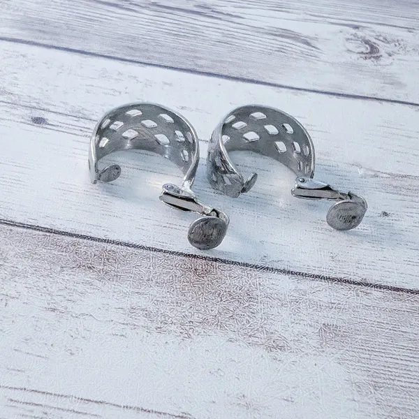 Vintage Clip On Earrings Silver Tone Cut Out Design Hoops with Pattern - Image 5