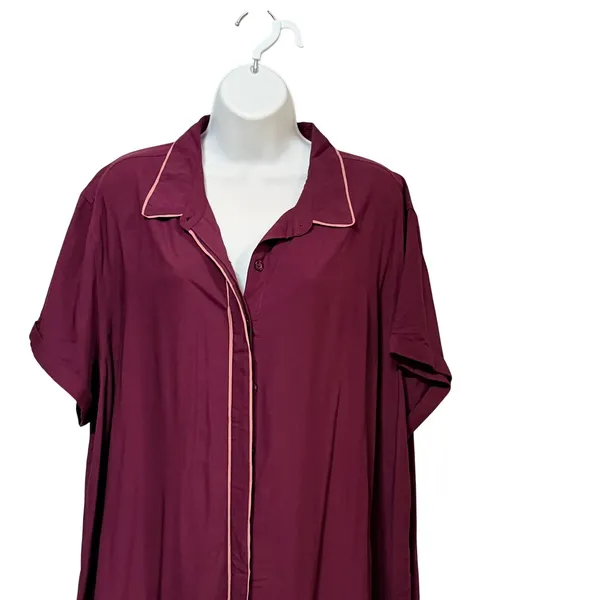 Wildfang‎ Empower Piped Short Sleeve Dress Plum Burgundy Button Front XL WD8210 - Image 3