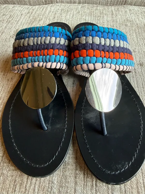 Tory Burch Women's Patos Sport Blue Silver Disk Thong Sandals Flip Flops - Image 4