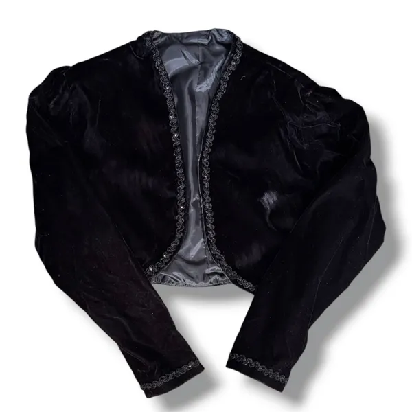 Vintage Black Velvet Bolero Cropped Jacket Beaded Trim Open Front Evening Shrug - Image 5