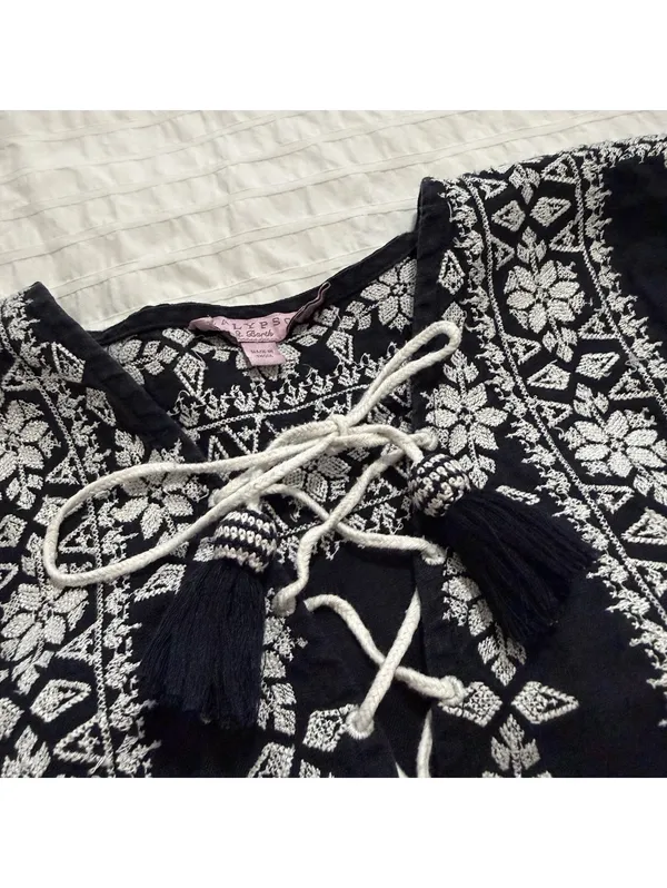 Calypso St. Barth 100% Linen Navy Blue White Embroidered Shift Dress Mini Small - Image 9