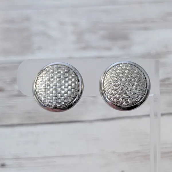 Vintage Clip On Earrings Patterned Silver Tone Statement 7/8" - Image 2