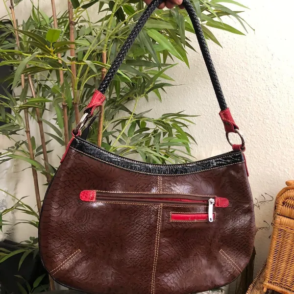 Unique 2000s Y2K Whimsygoth Brown black red leather patchwork shoulder hand bag purse silver tone buckle #gothic #grunge #western - Image 2
