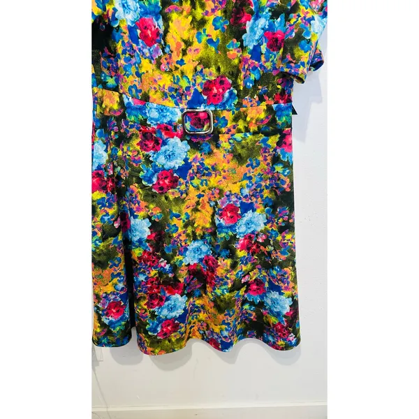 New York & Co Multicolor Floral V-Neck Puff Sleeve Belted Fit & Flare Midi Dress - Image 6