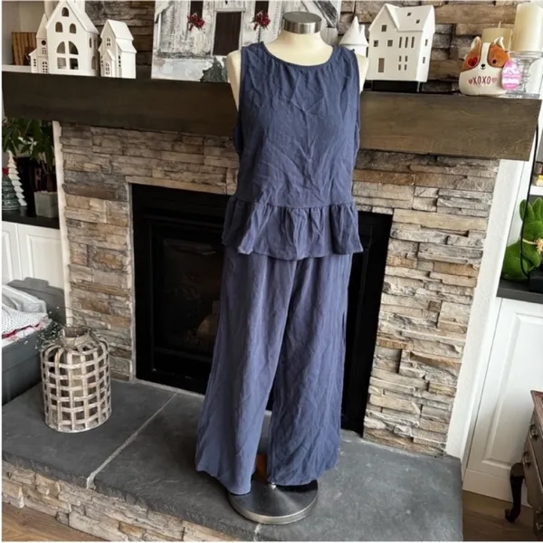 Elegant Blue Pants with Ruffled Peplum Top 2 Piece Set - Image 3