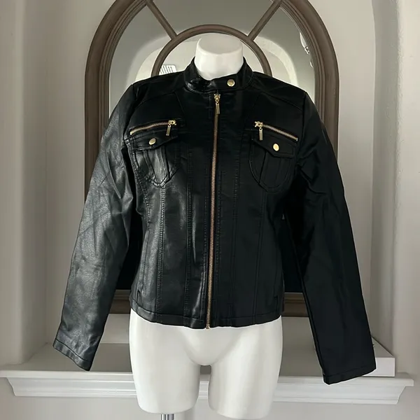 NEW LOOK Faux Leather Jacket in Black+Gold Tone Hardware, Size XL New w/o Tag - Image 12