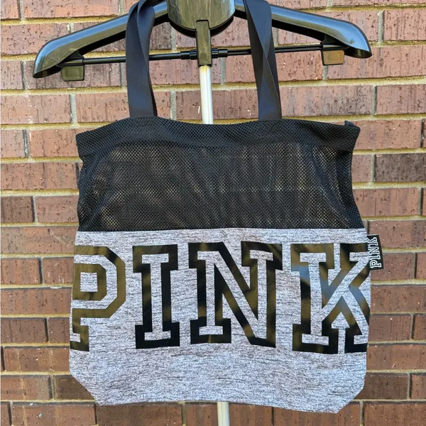 Victoria’s Secret PINK Grey Black Mesh Weekender Tote Shoulder Bag Open Top Gym - Image 2