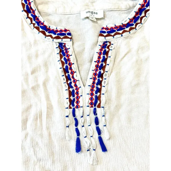 Umgee Embroidered Peasant Boho Blouse Tassel Tie Cream Bohemian Top M - Image 4