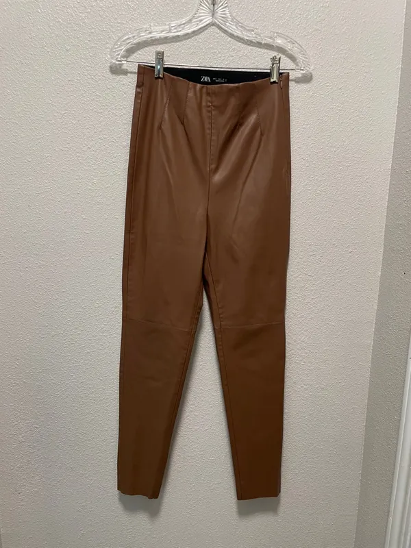 Zara Womens High Waist Faux Leather Leggings Small Ankle Length Brown - Image 3