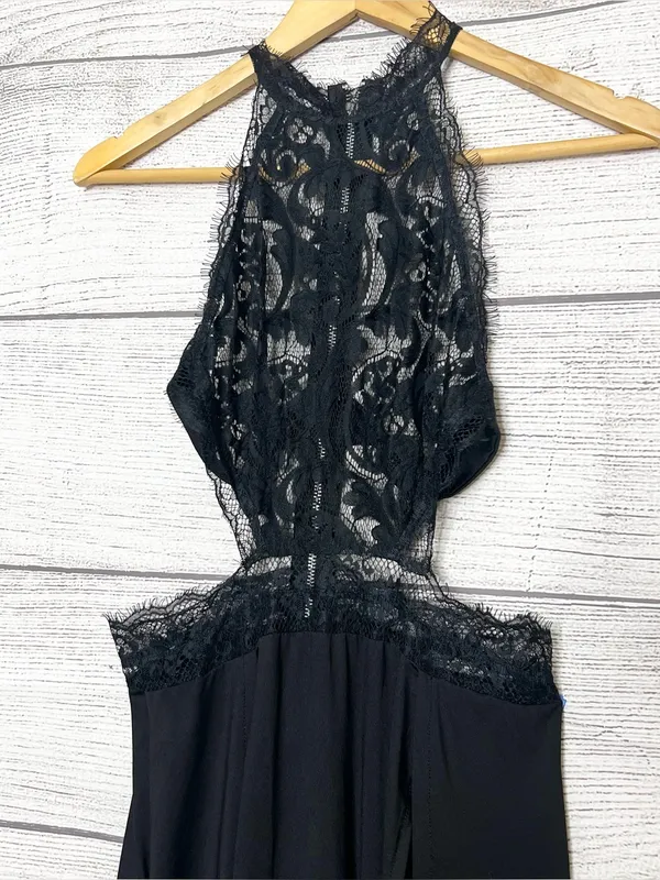 Sheer Black Lace Halter Neck Open Back High Slit Maxi Evening Gown Size Small - Image 6