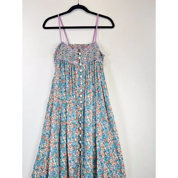 Free People Maxi Dress Blue Molly Jo Floral Button Down Cutout Back Smocked XS - Image 7