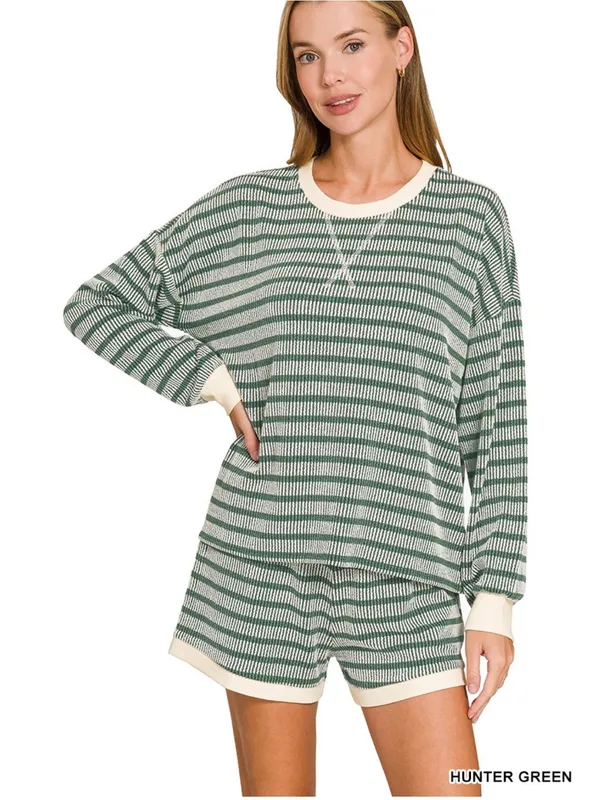 Raised Rib Striped Pullover & Shorts Set – Hunter Green Small - Image 2