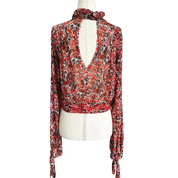 Free People Orange/Multicolor Mesh Floral Blouse Women's Top Size Medium | 26-40 - Image 2