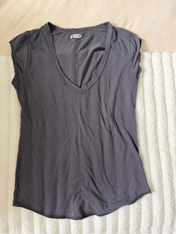 Free People V-Neck Short Sleeve Top — Blue Gray - Image 4
