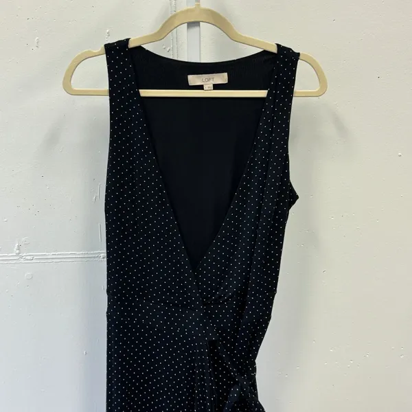 LOFT Polka Dot Sleeveless Wrap Dress Navy Blue White V-Neck Small Soft Stretch - Image 3
