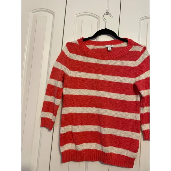 Old Navy Womens Large Coral & Cream‎ Striped Sweater 3/4 Sleeves Cotton/Acrylic - Image 3