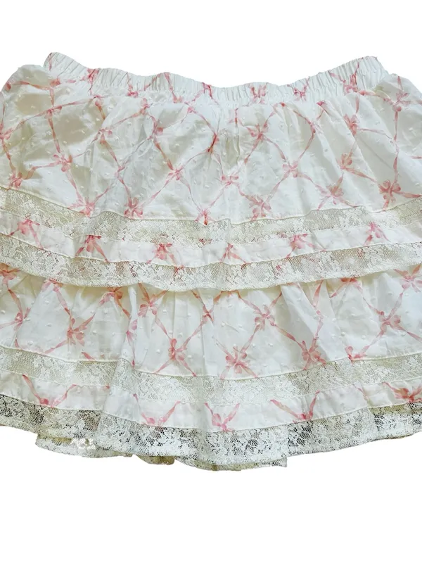Francesca’s White & Pink Bow Print Ruffle Lace Trim Mini Skirt Feminine Cottage - Image 4