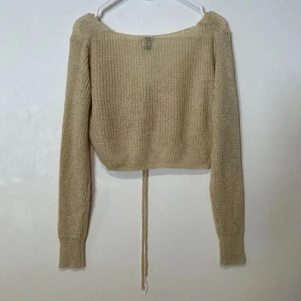 Princess Polly Ally Knit Sweater Beige Ruched Front Crop Top S/M - Image 3