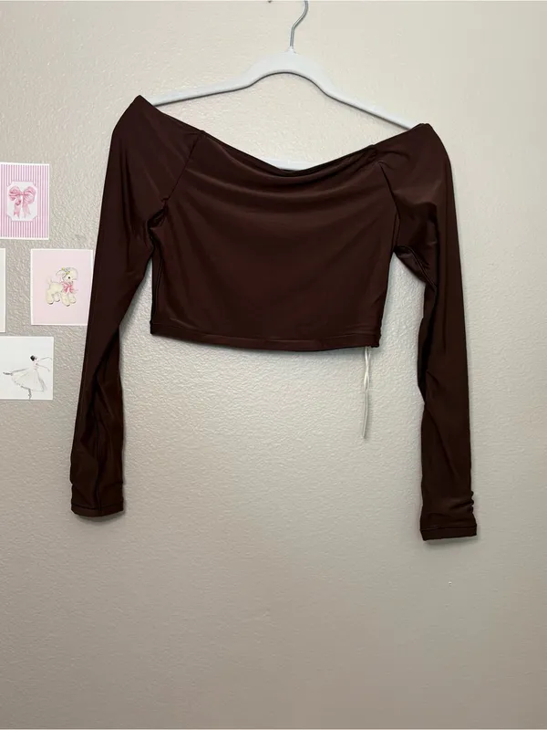 Aerie Smoothie’s Off Shoulder Long Sleeve Crop Top Chocolate Brown large boho - Image 2