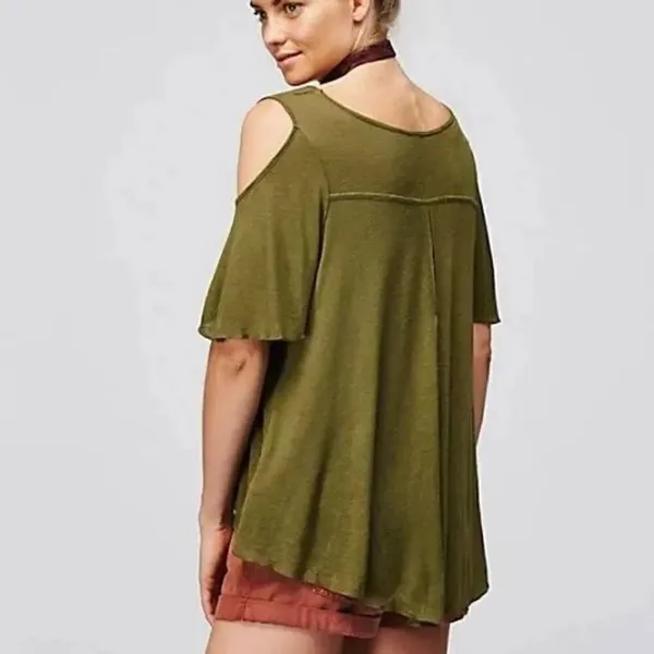 Free People Bittersweet Cold Shoulder Gold Green Short Sleeve Top blouse size XS - Image 3
