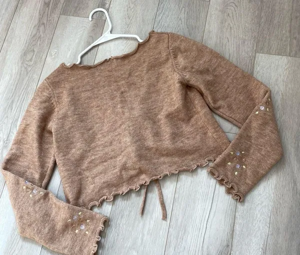 Cider Embroidered Cardigan Sweater Brown medium floral open tie front coquette - Image 4