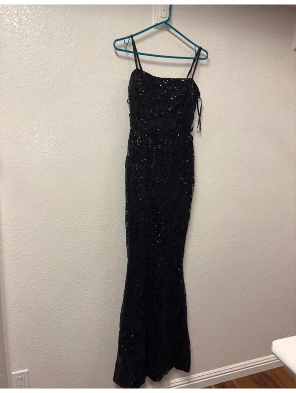 Elegant Black Sequin Embellished Evening Gown with‎ Spaghetti Straps - Image 2