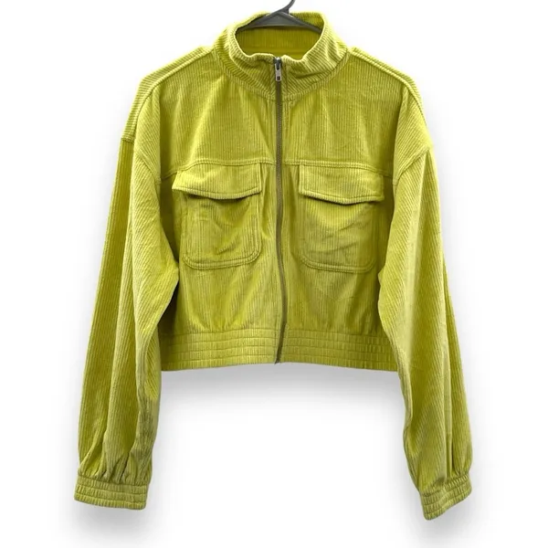 Aerie‎ Neon Green Yellow Corduroy Full Zip Long Sleeve Bomber Jacket Sz M NEW - Image 2