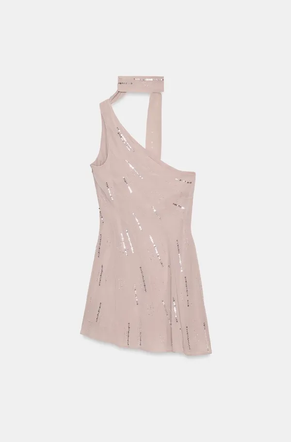BNWT Zara Stone Grey Sequin Beaded Foulard Scarf Mini Dress - Image 3