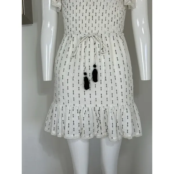 Lost + Wander Womens Size S White Boho Smocked Mini Dress Spaghetti Strap Tassel - Image 5