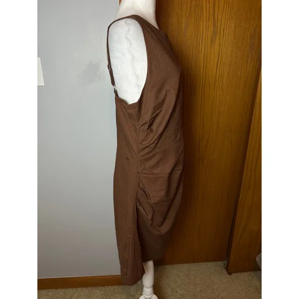 Commense Brown Cotton Linen Ruched Draped Mini Dress Boat Neck NWT Size L - Image 4