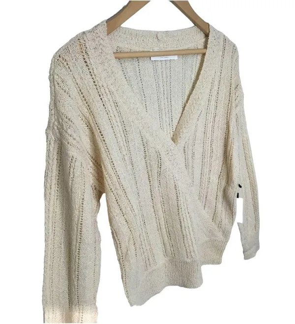 New ASTR Faux Wrap Pointelle Knit Long Sleeve Sweater Top Pullover Cream L - Image 5