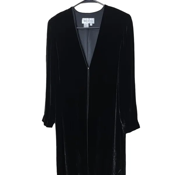 Worth Vintage 90s‎ Black Long Midi Velvet OpenFront Duster Jacket Size 6 - Image 2