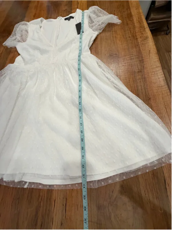 Lulus White Swiss Dot Tulle Mini Dress Size L New With Tags V-Neck Puff Sleeve - Image 8
